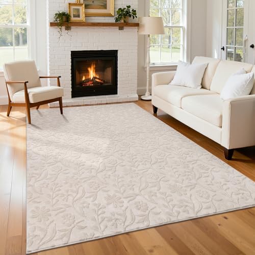 Vaukki 5x7 Beige Area Rug for Living Room and Bedroom - Modern Boho Floral Design
