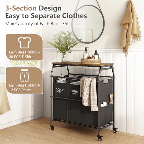 Hoctieon Black 3-Section Laundry Sorter with Removable Hampers & Ironing Board