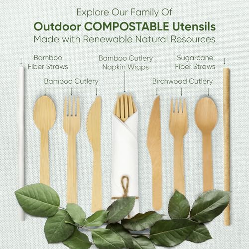 Set of 100 EcoPreps Bamboo Cutlery and Napkin Set - Biodegradable Party Pack