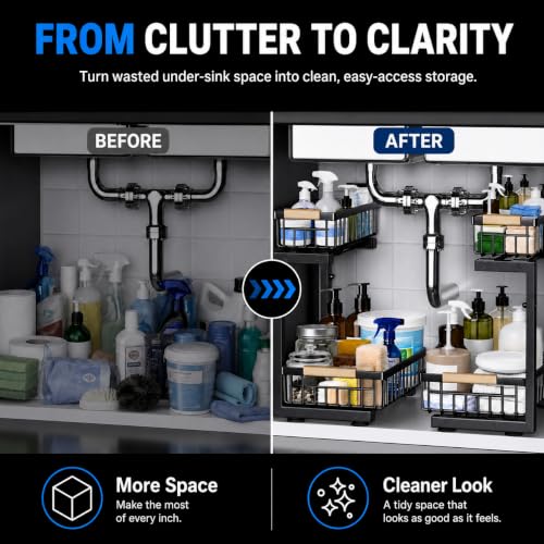 GeeBom Under Sink Organizer 2 Pack - Black, 11.8W x 15.9D x 13.8-16.9H Double Sliding Metal Shelves