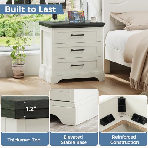 White Farmhouse Nightstand with Built-in USB Charging Station & 3 Drawers - DUMOS
