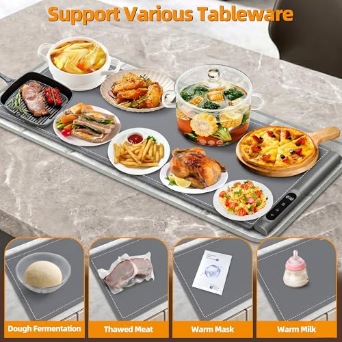 XXL Graphene Food Warming Mat 36x16 Inches with 6 Temp & Timer - Gray