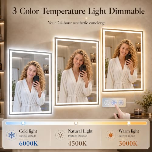 Homsion 36x30-inch LED Bathroom Mirror with 3 Light Modes, Dimmable & Defogging