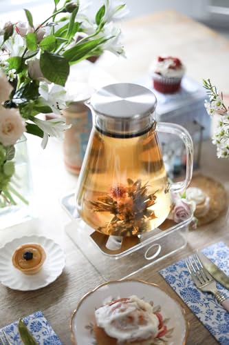 Plastic-Free Glass Teapot & Kettle 27 oz - One-Touch, Filter Lid, Borosilicate