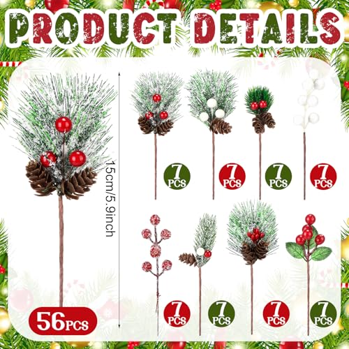 Retrowavy 56-Piece Christmas Floral Picks Set with 8 Styles, Snowy Red & White Berries