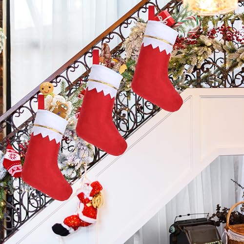 Amazing Time 16Pcs Red Christmas Stockings with White Cuff & Gold Trim - Holiday Decor
