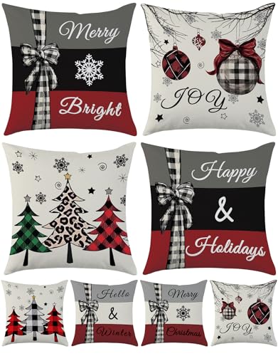 Christmas Pillow Covers 18x18 Inch Set of 4 Winter Red Xmas Trees Snowflake Decorative Cushions with Invisible Zipper, Double-Sided Print, Farmhouse Home Decor, White Red Black Variation