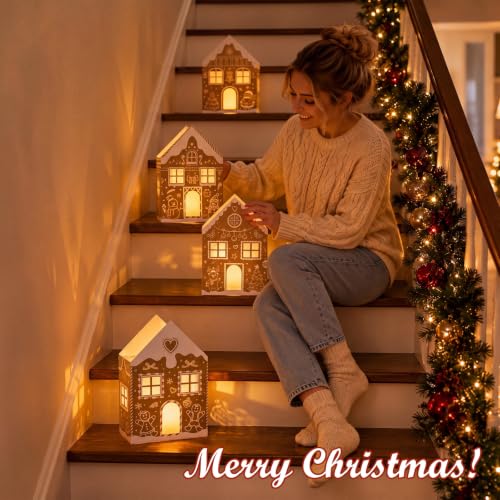 Kolldenn 24 Pcs Christmas Luminary Bags Gingerbread House Designs (4 Styles) White Kraft
