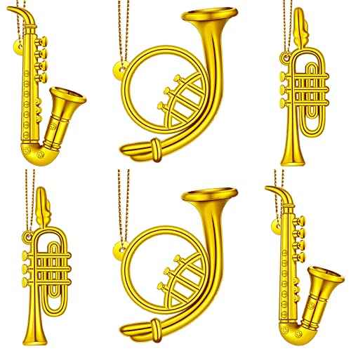 6 Pieces Musical Instruments Ornaments Christmas Decoration Gold Saxophone Horn Trumpet with Gold Ropes Brass for Christmas Tree Decor