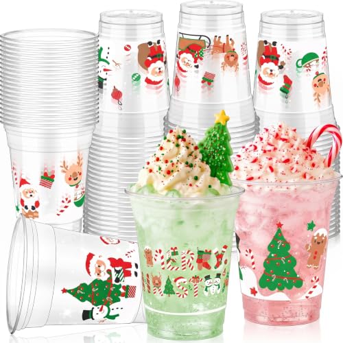 Mimorou 100 Pcs 12oz Christmas Plastic Cups - Merry Christmas Pattern, Gingerbread Man & Santa (Variation: Cute Christmas)