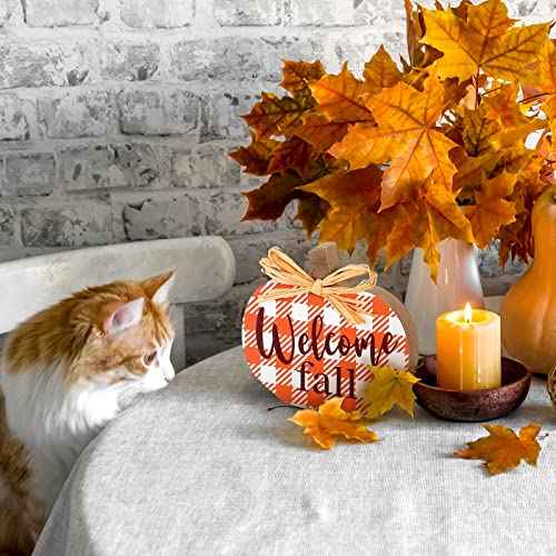 4 Pcs Fall Pumpkin Decor Tabletop Signs Welcome Fall Plaid Pumpkin Wooden Sign Tiered Tray Decorations Thanksgiving Autumn Table Centerpieces Standing Block Shelves for Rustic Farm House Home