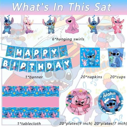 KROCEUS Stitch Party Supplies Kit - Birthday Decorations, Plates, Cups, Banner & Tablecloth, 88pcs - Bu1
