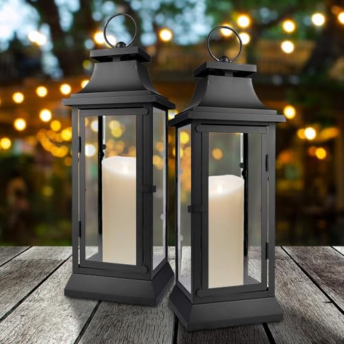 Large Black Metal Hurricane Lantern with Clear Glass Panels - 20 Inch Tall, Tabletop & Hanging Decor