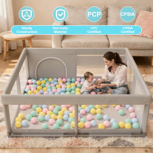 JINXIA 50x50 Inch Baby Playpen - Light Grey, Soft Skin-Safe Fabric, Baby & Toddler Safety Enclosure