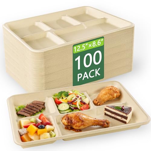 Eco-Friendly 5-Compartment Disposable Paper Plates - Medium 12.5x8.6 Inch Natural Pack of 100
