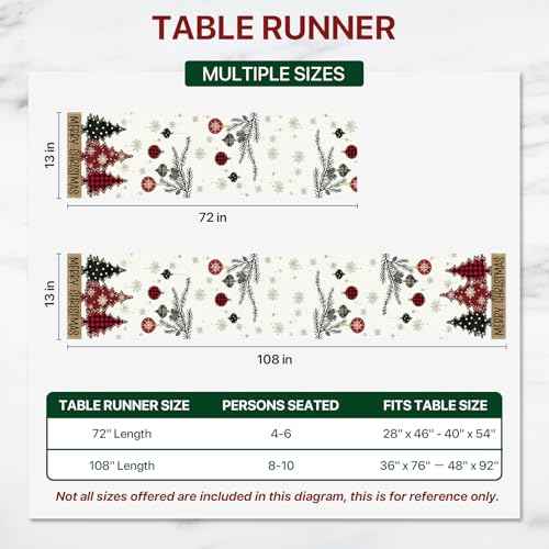 Red Pine Trees Merry Christmas Table Runner, Snowflake Table Runner, Seasonal Winter Decoration for Home Kitchen Dining Holiday Decor 13x72 Inch