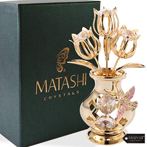 Matashi Gold-Plated Crystal Flower Bouquet Vase with Hummingbird - Valentine's Day Gift for Women