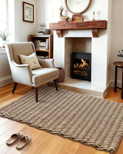 Jute Door Mat 32x48 Inches - Light Taupe Woven Entry Rug for Outside Covered Porch