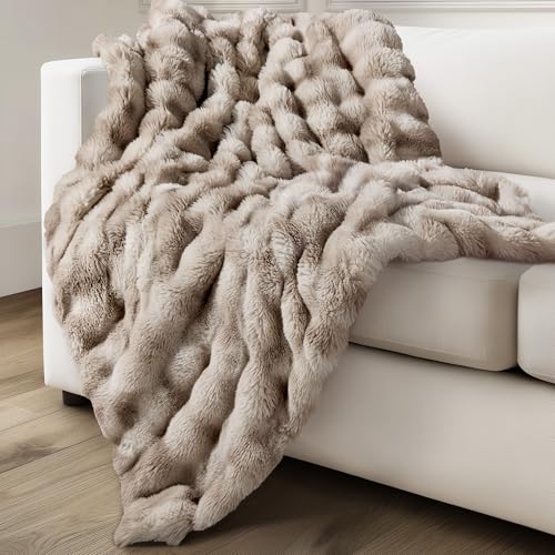 Tie-Dye Light Taupe Faux Fur Throw Blanket 50x60 Inches - Plush Cozy Bubble Design