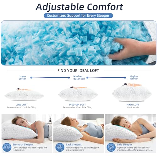 White Bamboo Cooling Shredded Memory Foam Queen Bed Pillows Set of 2 - Adjustable Support
