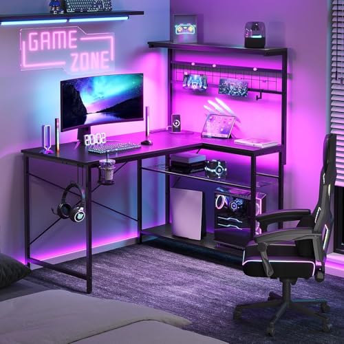 Bestier 42-Inch Carbon Fiber Black Gaming Desk with LED Lights & Power Outlets