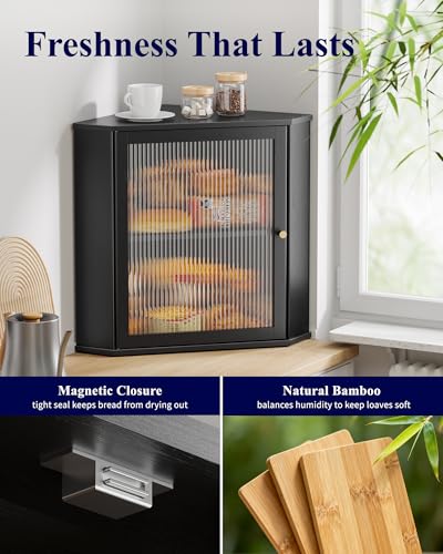 Corner Wooden Bread Box - Large Black Kitchen Storage Organizer