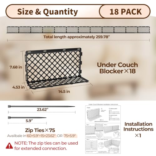 Goovilla Under Couch Blocker for Pets, 18 Pcs with 75 Zips Ties, Black