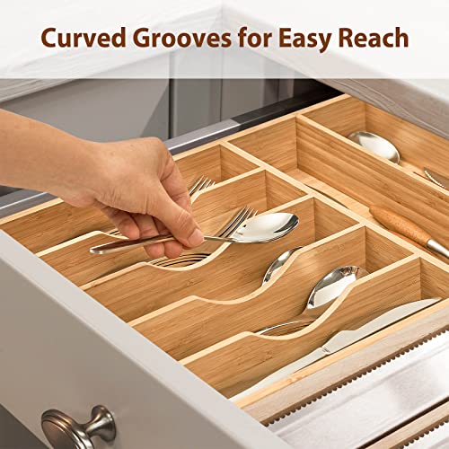 17-Inch Bamboo Drawer Organizer with 7 Slots - Extra Deep Utensil Tray for Flatware & Knives