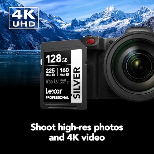 Lexar 128GB Silver UHS-I SD Card 225MB/s Read V30 4K U3 Memory Card