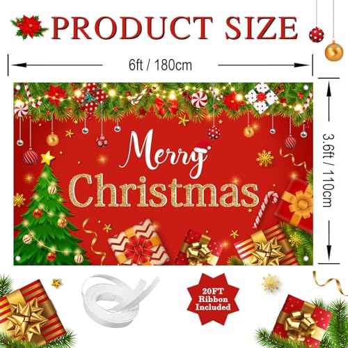 Avezano Merry Christmas Backdrop Red Merry Christmas Party Decorations Banner Merry Xmas Photography Backdrop for Winter New Year Xmas Eve Family Party Decoration Supplies (6x3.6ft)