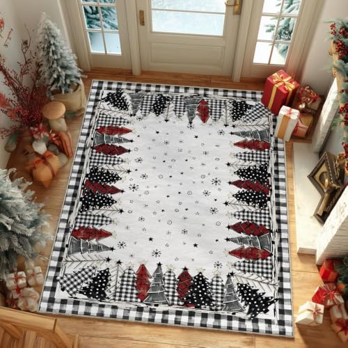 Artoid Mode 5x7 ft Watercolor Buffalo Plaid Christmas Rug - Black & White Winter Home Decor