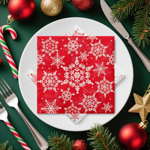 100 Pcs Christmas Snowflake Napkins - Red & White Holiday Paper Napkins for Xmas Party