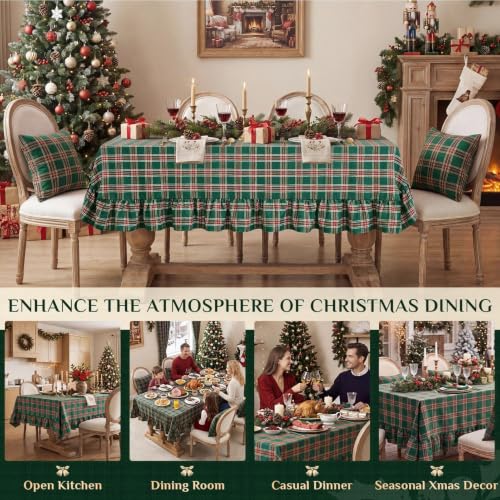 Softalker Green Plaid Ruffle Tablecloth 60 x 84 inches, Rectangular Holiday Linen