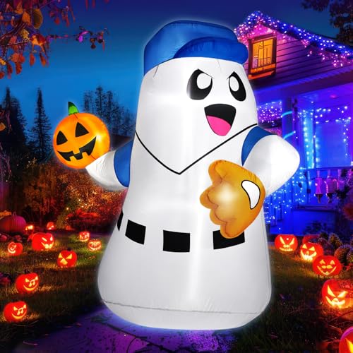 5FT Halloween Inflatable Ghost Pitcher with Pumpkin Baseball Outdoor Yard Decoration LED Lights