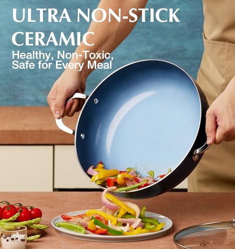 12-Inch Deep Frying Pan with Ceramic Nonstick Coating - 5.5 Quart Blue Saute Pan