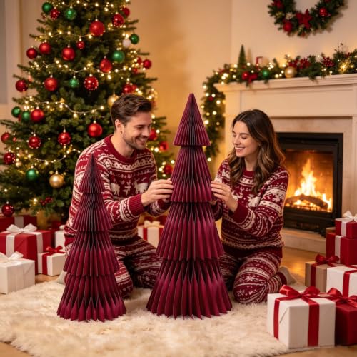PAPER JAZZ Red Middle Large 2-Pack Honeycomb Christmas Trees – 37" & 27" Floor Decor (Variation: Red Middle)