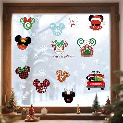 RiVolTa Christmas Mouse Window Clings - 9 Sheets Cute Merry Xmas Snowflake Sticker Decor for Glass Gingerbread Bow Decals Kids Winter Holiday Decorations Home Office Kitchen Hotel Decorative Supplies