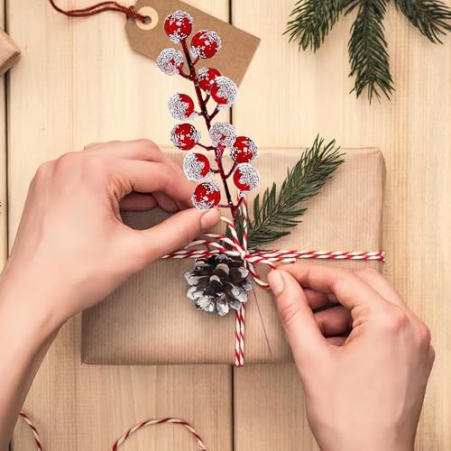 50 Pack Christmas Snowy Red Berry Stems for Tree Decorations - 8 Inch Artificial Holly Branches & Fillers by Zhmiyiqijiay