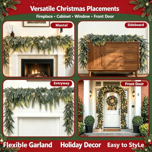 9FT Christmas Cedar Garland with 16.4FT Lights - Real Touch Faux Pine for Indoor/Outdoor Decor