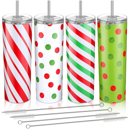 Sliner 4-Pack Christmas Stainless Steel Travel Mugs with Lid & Straw, Insulated 20 oz Holiday Gift Set