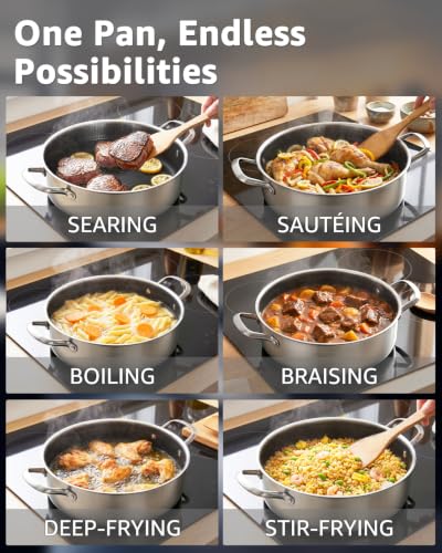 LOLYKITCH 8 QT Deep Frying Pan with Lid - 13 Inch Stainless Steel Skillet, Riveted Handles