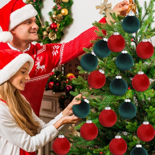 Afniimyapt 3.14 Inch Velvet Christmas Balls Set 16 Pcs Red & Green Holiday Ornaments
