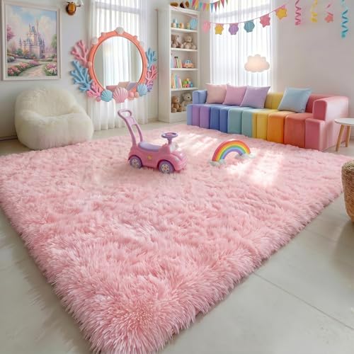 Pink Shag Plush Area Rug 6x9 for Kids Bedroom Nursery Classroom - Non-Slip