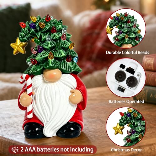 Lighted Christmas Tree Gnome Figurine - 7 Inch Table Decor with Pedestal - Resin Holiday Ornament
