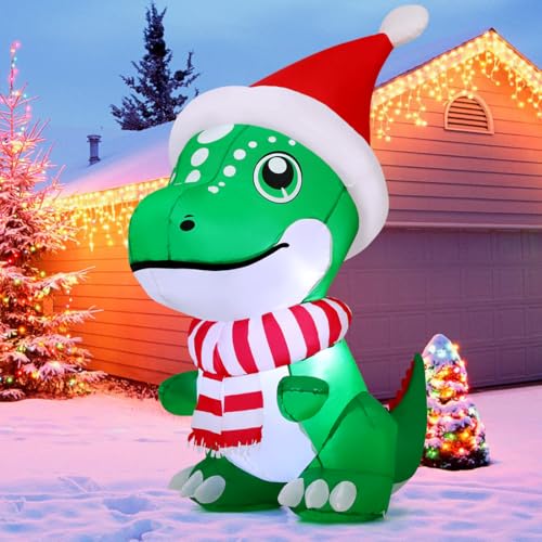 GOOSH 5 ft Christmas Dinosaur Inflatable with LED Lights, T Rex Yard Decor