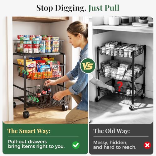 3-Tier Pull-Out Rolling Pantry Organizer with Wheels - Fits Under 25-Inch Shelves, Heavy Duty Metal Storage Cart - Variation 2