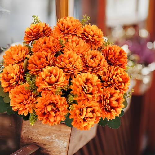 Waipfaru 8 Pcs Fall Artificial Mums in Orange - Realistic Faux Flower Decor