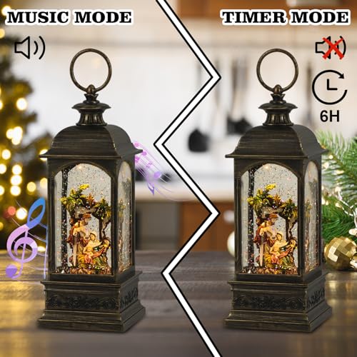 Eldnacele Bronze Nativity Snow Globe Lantern with 6 Hour Timer - USB/Battery Operated
