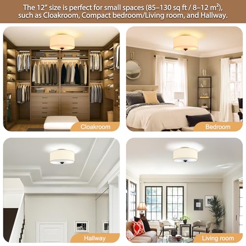 Beige Linen 12-Inch Flush Mount Ceiling Light with 2 E26 Sockets for Small Rooms