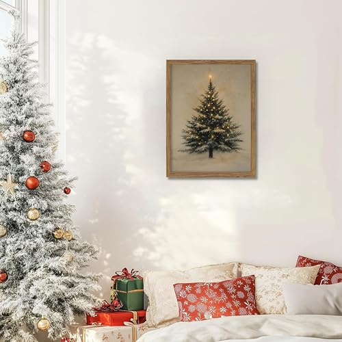 Vintage Christmas Tree Wall Art - 8x10 in Black Framed Rustic Pine Canvas